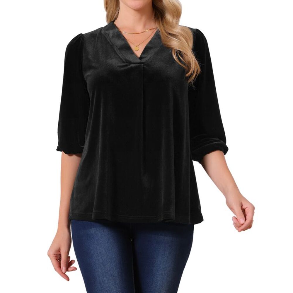 Velvet V Neck 3/4 Puff Sleeve Fall Winter Casual Tunic T-Shirt Black